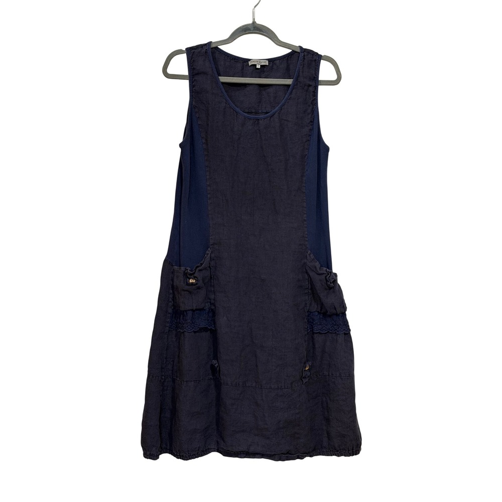 Etienne Marcel Navy Linen Artsy Minimalist Lace Trim Pocket Dress Italy 46